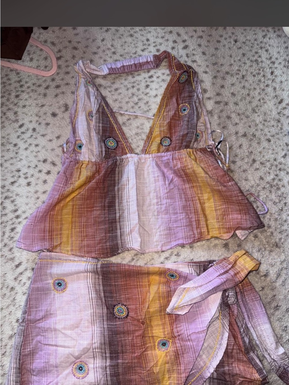 Zara beaded Two-Piece Boho Halter Top and Wrap Skirt in Pink, Yellow & Brown